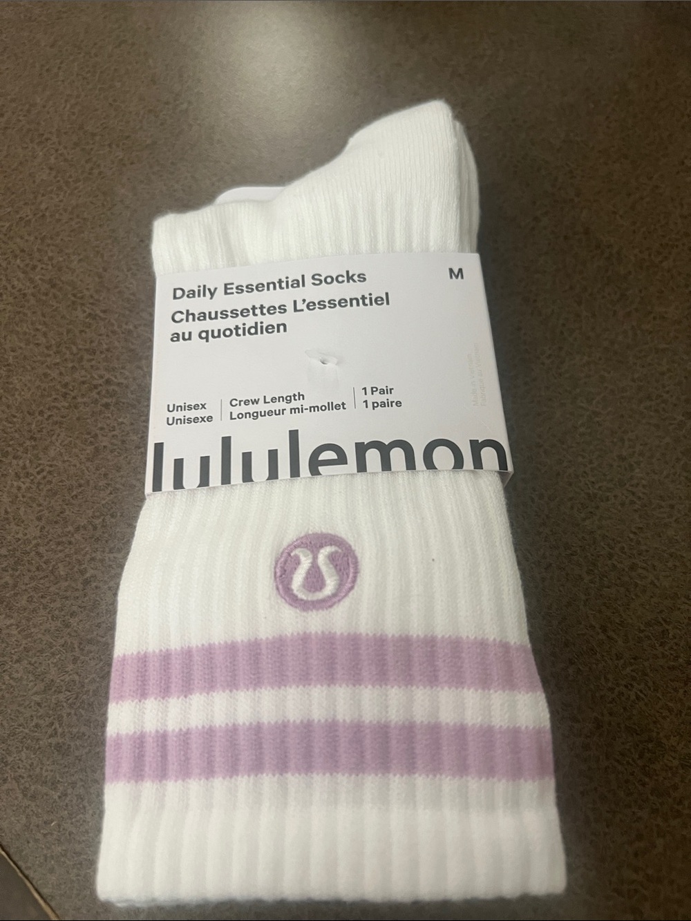 lululemon white crew socks with lavender stripe